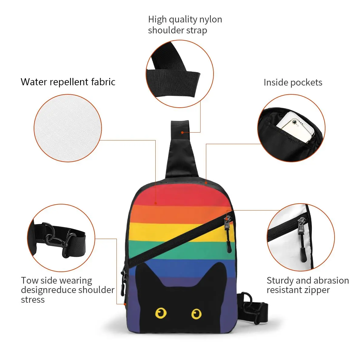 Fashion Peeking Cat In Rainbow Circle Sling Bags for Travel Hiking Men LGBT Gay Pride Crossbody Chest Backpack Shoulder Daypack