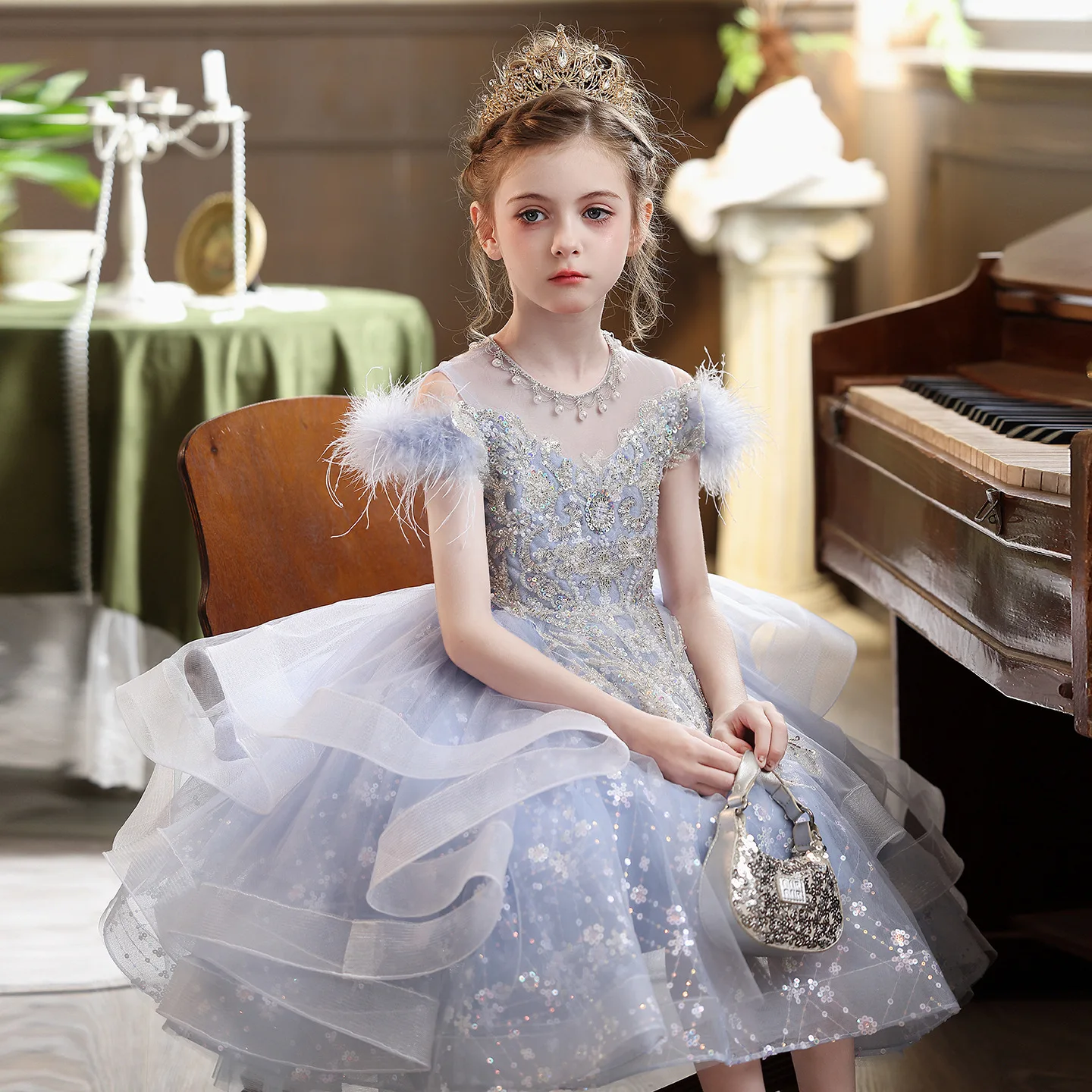 Kids Princess Formal DressCostume, High-End Host Outfit For Girls With Feather Design, Light Luxury Runway Piano Performance
