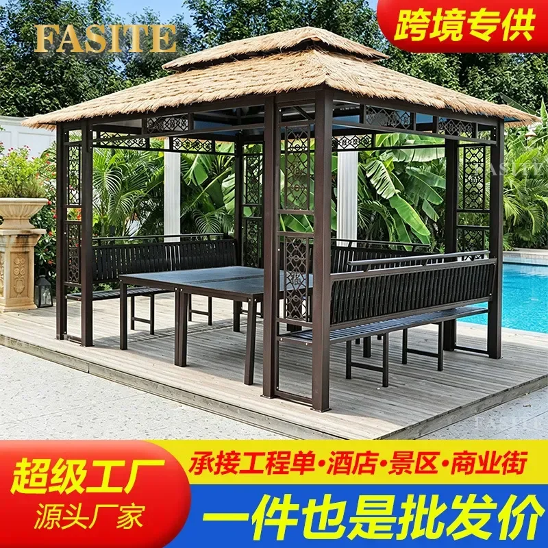For Outdoor Garden Wrought Iron Thatched Pavilion Tent Rustic Farmhouse Courtyard Awning Durable Shade Shelter for