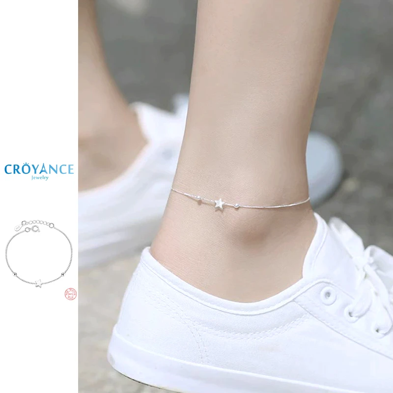 925 Sterling Silber Schmuck Mode Damen Einfache Kleine Perlen Stern Fußkettchen Geschenk Elegantes Sommer Strand Sandalen Armband Fußkette