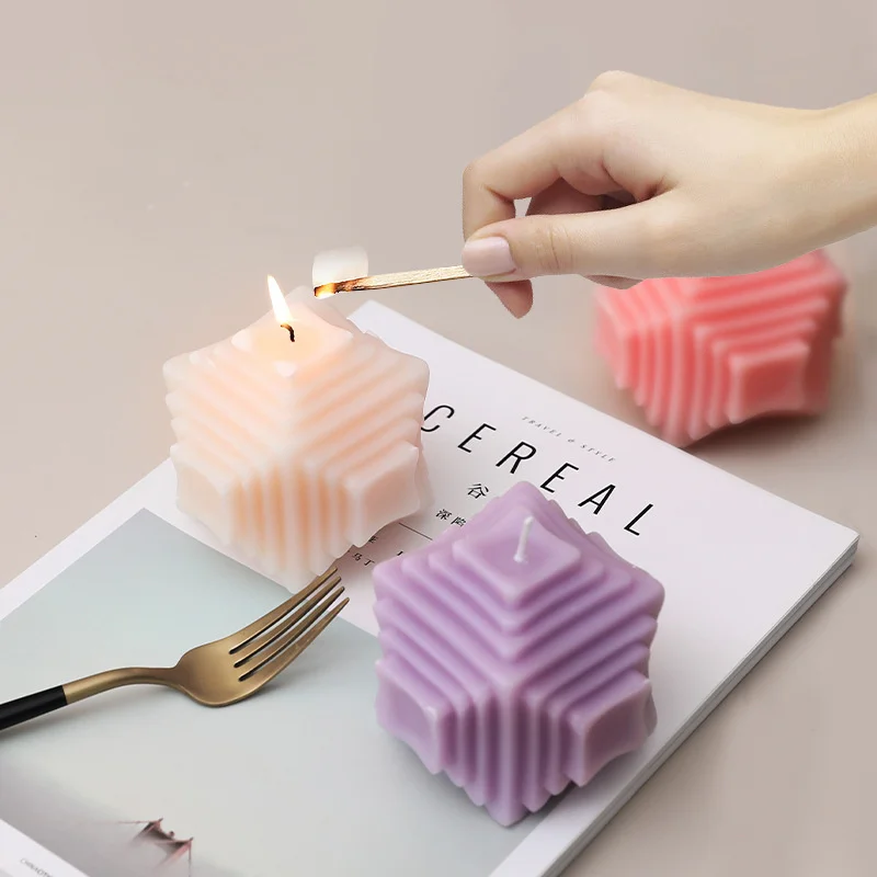 

Creative Multilayer Square Cube Candle Mould 3D Geometric Stripe Silicone Mold Abstract Art Soap Gypsum Resin Molds Home Crafts