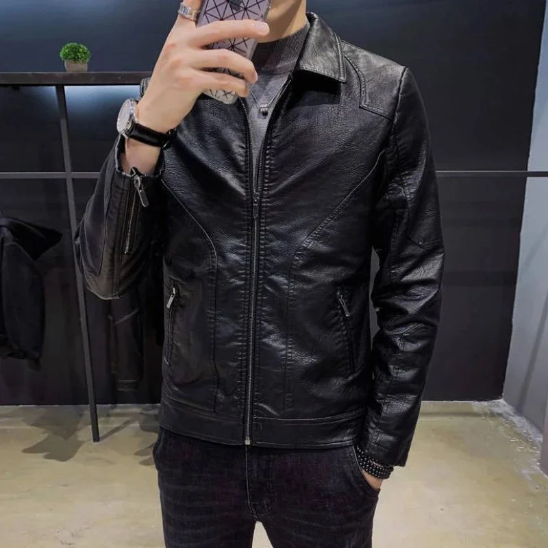 2023 Autumn Winter New Fashionable Large Size Coat Men Fleece-Lined Thickened Korean Style Slim Fit Leather Jacket