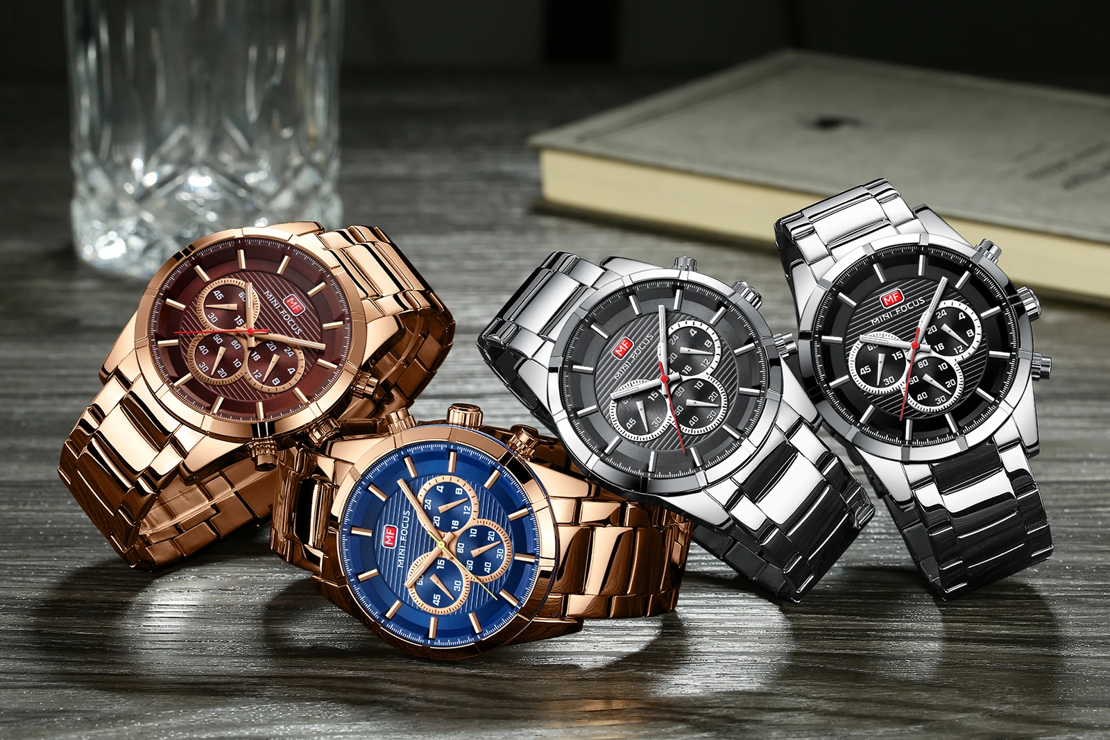 New Mini Focus MF0170G Analog Quartz Watches Waterproof Chronograph Rose Gold Stainless Steel Band Luxury Men Watch