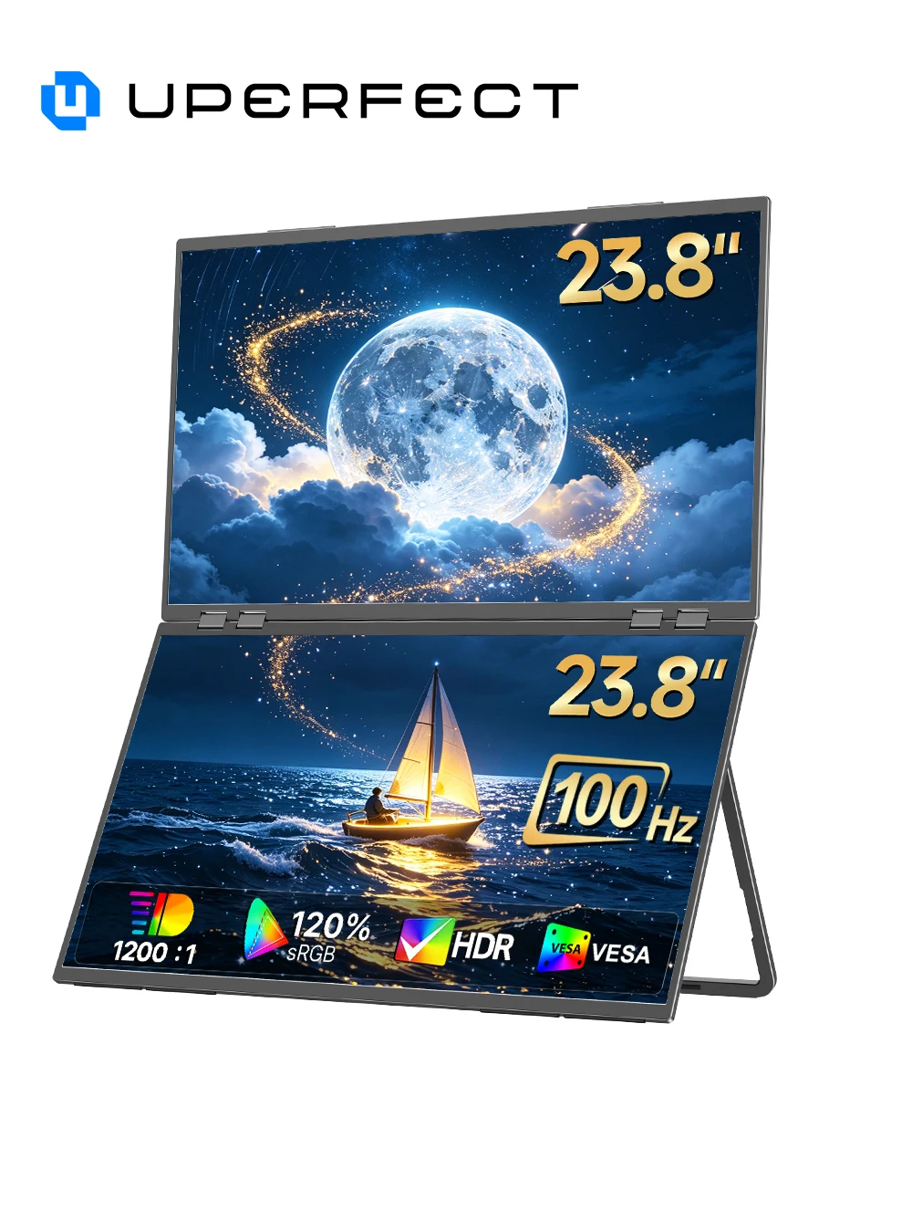 UPERFECT 23.8" 100Hz Dual Portable Monitor for Laptop Screen Extender 120%sRGB FHD 360 Folding Stacked Computer Display W/Stand