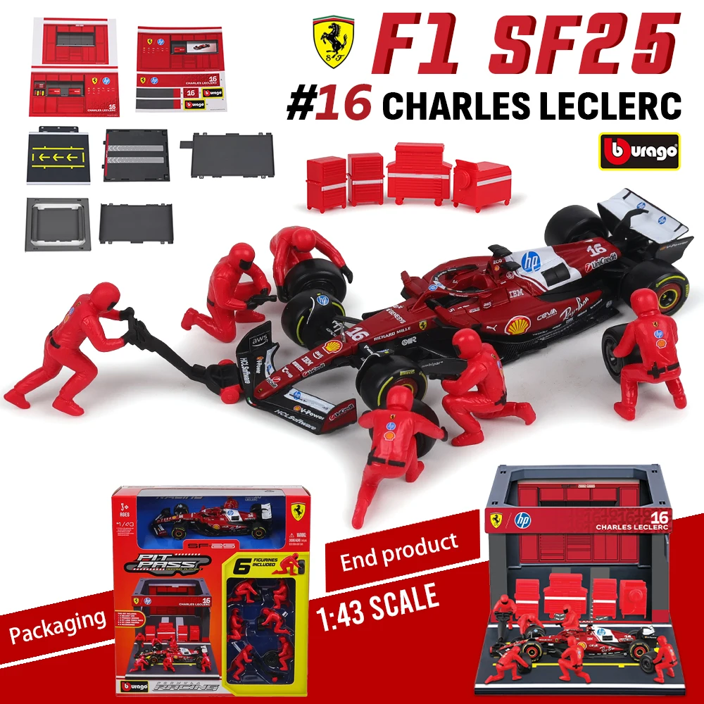 

Bburago 1:43 Alloy car model DIY Pit House 2025 Ferrari SF25 #16 Charles Leclerc #44 Lewis Hamilton die-cast toy