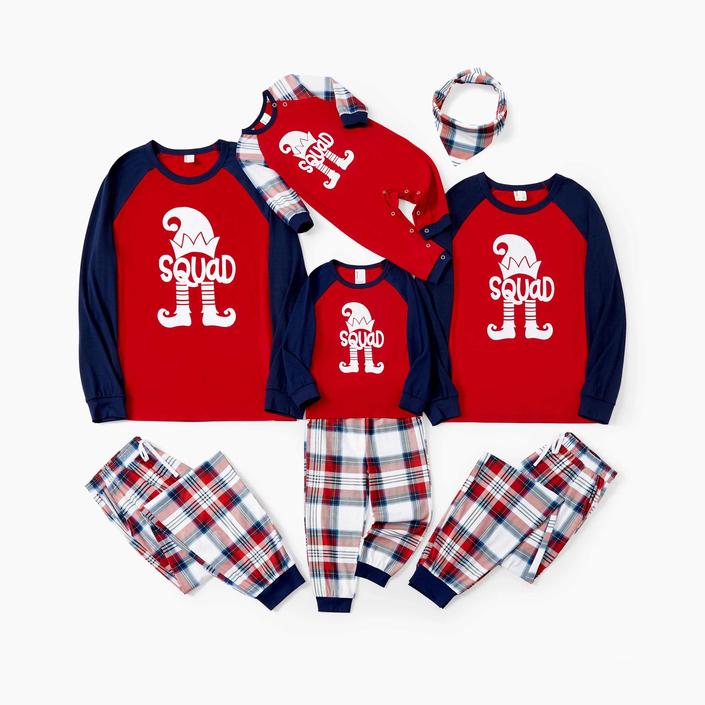 PatPat Świąteczne zestawy piżam Rodzinne dopasowane raglanowe rękawy Elf Squad Graficzny top Spodnie w kratę