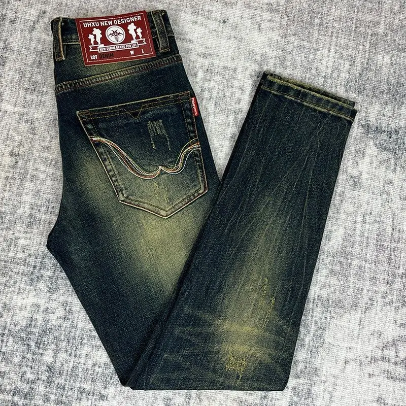 Retro European Style Slim Fit Straight Leg Stretchy Denim Jeans Men's Trendy Brand Scratch Washed Embroidered Heavyweight Spr...