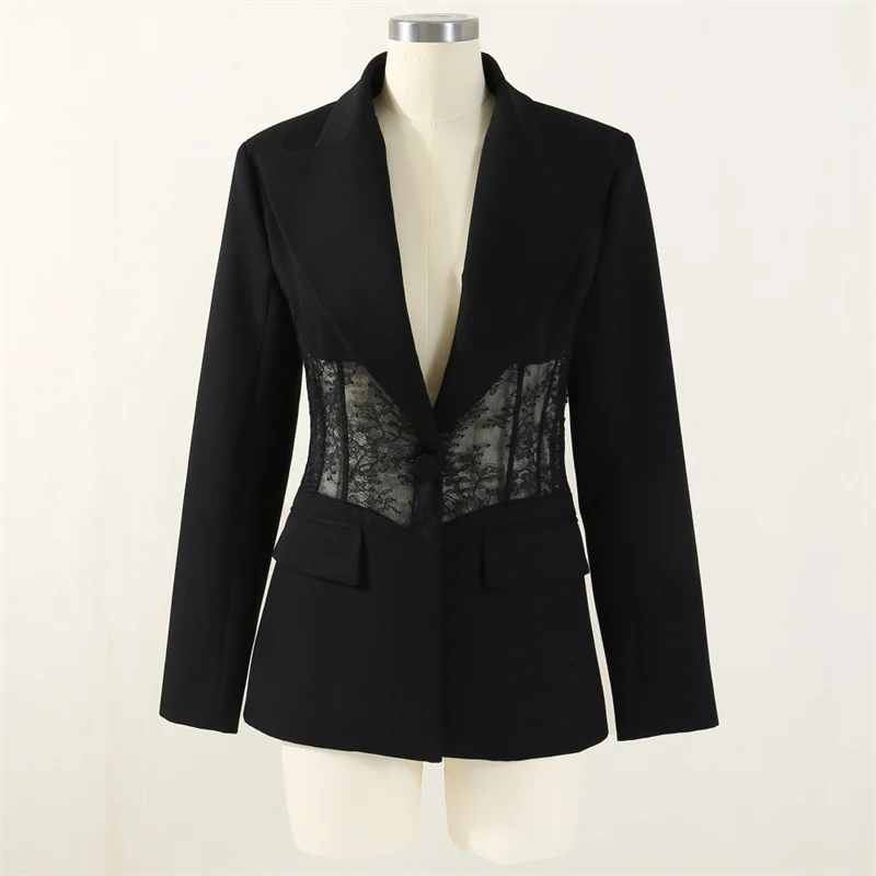 

Women's jacket New lace patchwork long sleeved top for autumn 2025 Sexy hollowed out women's coat fishbone slim fit suit jacket