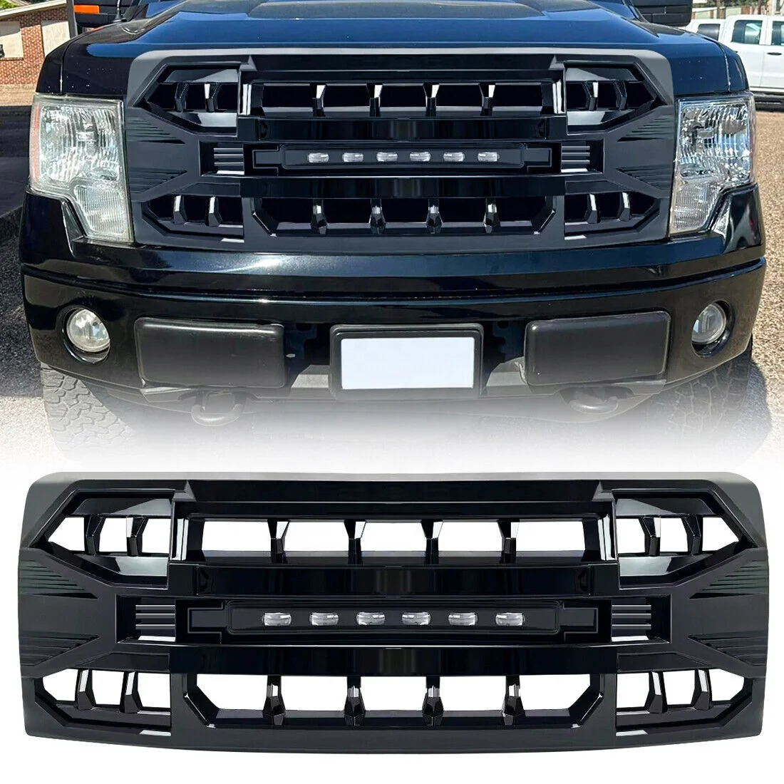 

Car Grills Armor Grille Front Bumper Grill with Off-Road Lights For Ford F150 F-150 2009-2014 Glossy Black ABS