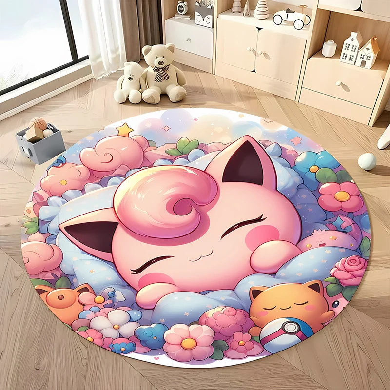 Pokemon Jigglypuff HD Printed Cartoon Round Carpet for Kid Living Room Rugs Camping Picnic Mats Flannel Anti-Slip Yoga Anime Rug