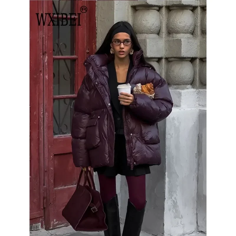 2024 New Burgundy Winter Warm Down Jacket Women Elegant Stand Collar Lace Up Pocket Cotton Coats Autumn Female Street Outerwear