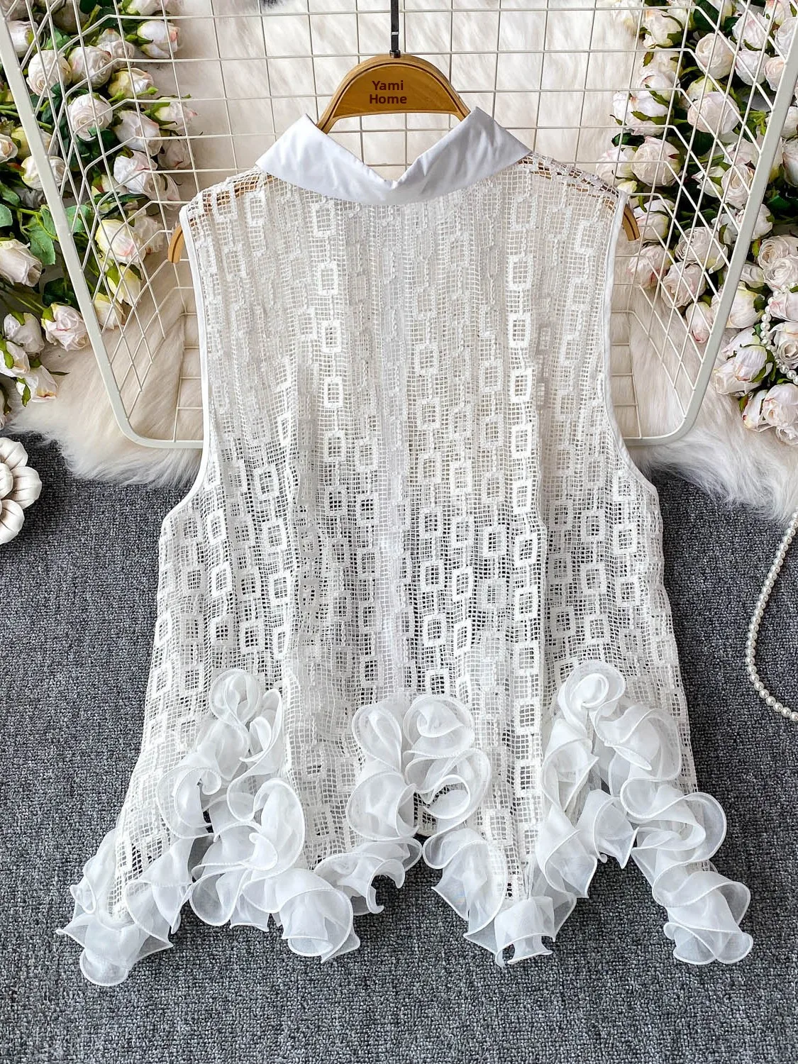 

Women's Summer Slimming Hollow out Loose Fit Svel Collar irt Korean Sle Commute Faion Le Splicing