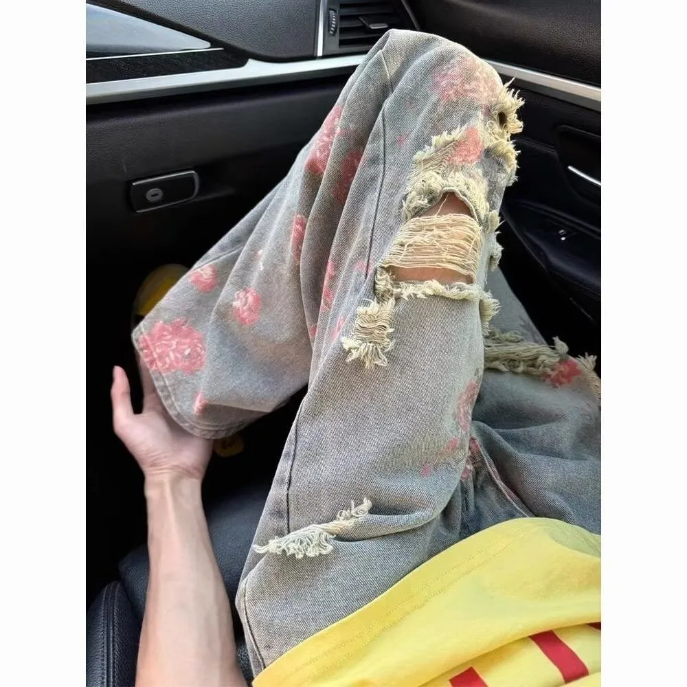 Men's plus Size Straight Leg Jeans Floral Hole American High Street Sle Autumn Winter Large Denim Pants Slimming Effect