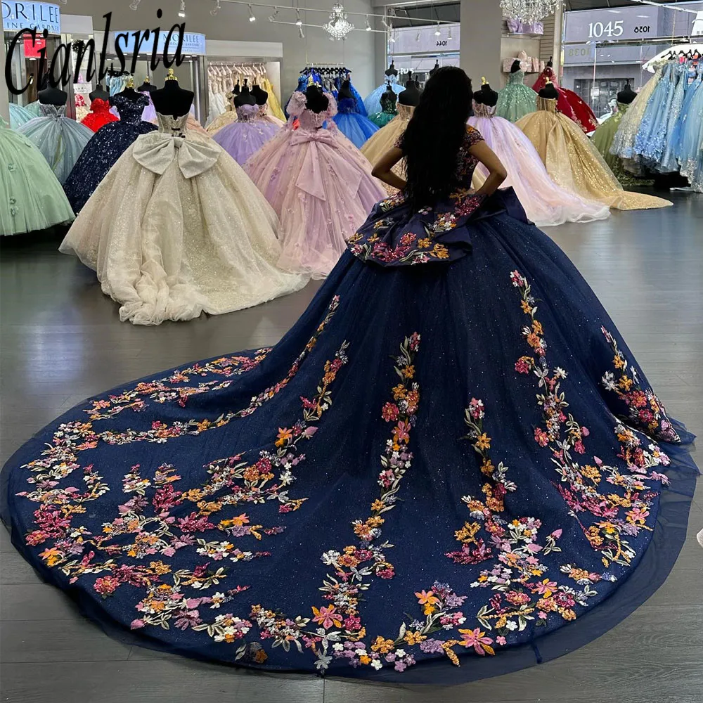 Vestido De quinceañera con hombros descubiertos, vestido azul brillante De lujo, corsé para fiesta De cumpleaños De 15 años