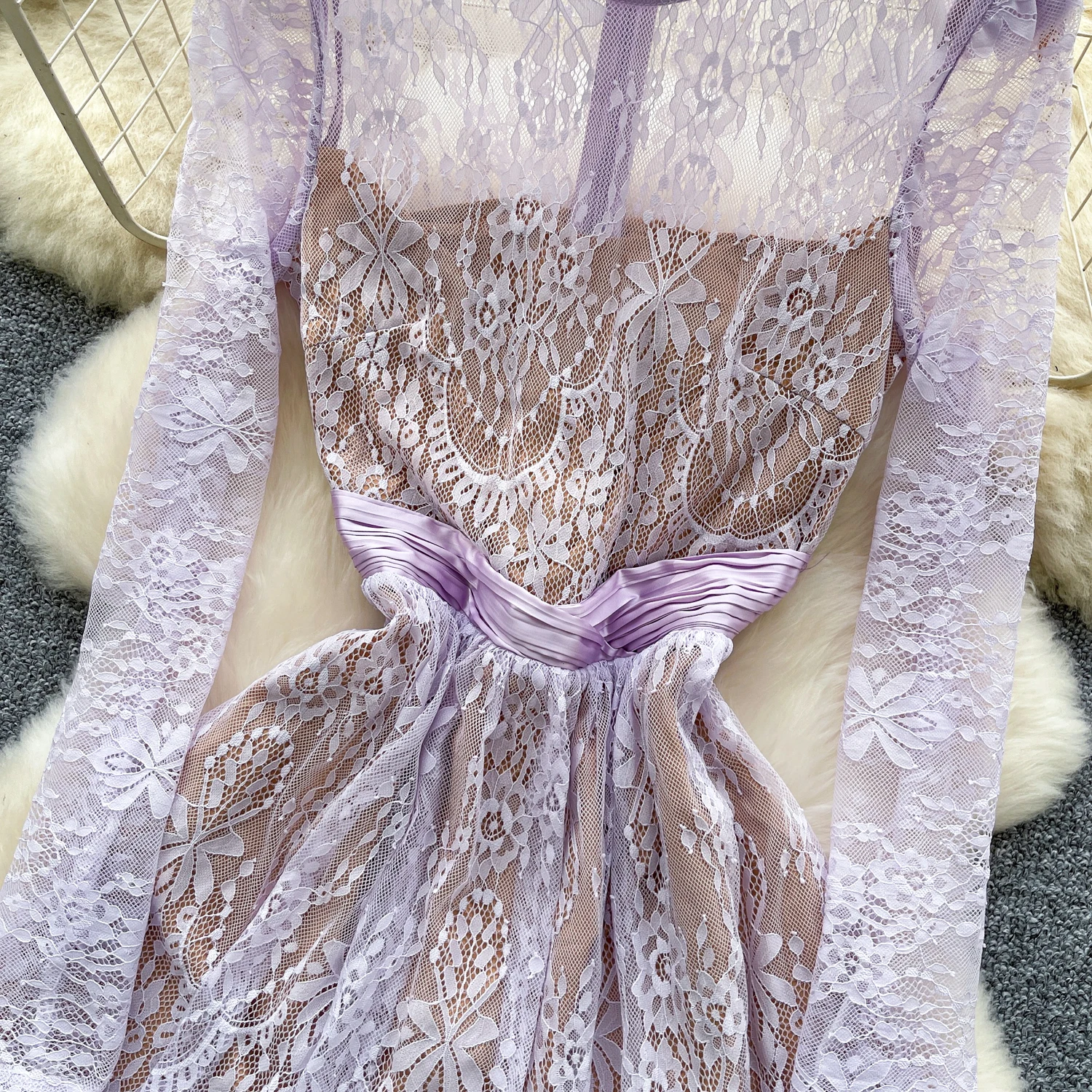 エレガントなヴィンテージ風長袖アシンメトリーレースフェアリーコアドレス、イブニング、ハイストリート、秋服、セレモニードレス