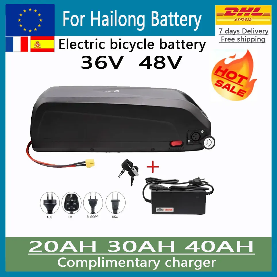 Nouvelle batterie Hailong 36V 48V 52V 20Ah 30Ah 40Ah 18650 avec BMS intégré, batterie électrique pour deux roues