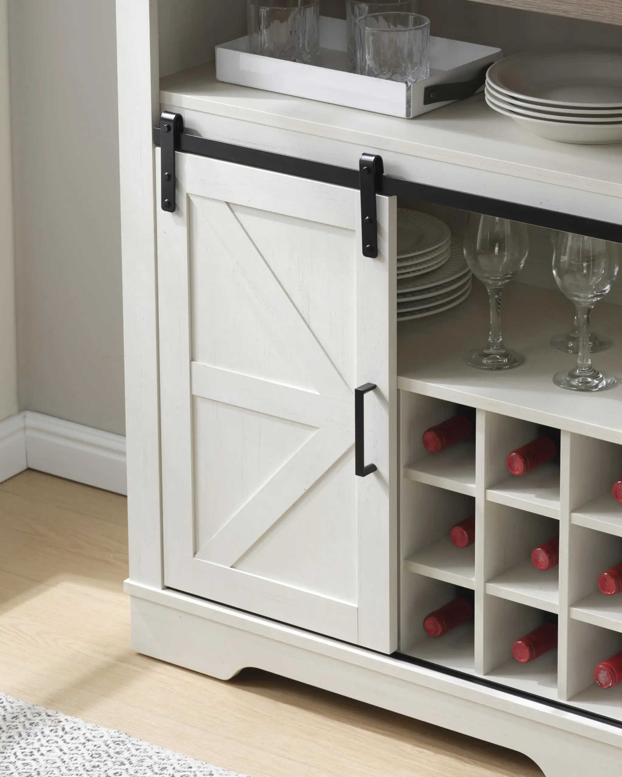Farmhouse Wine Cabinet with Sliding Barn Door, Liquor Cabinet with Rack for Inside Cabinet，Buffet Table for Kitchen image 6