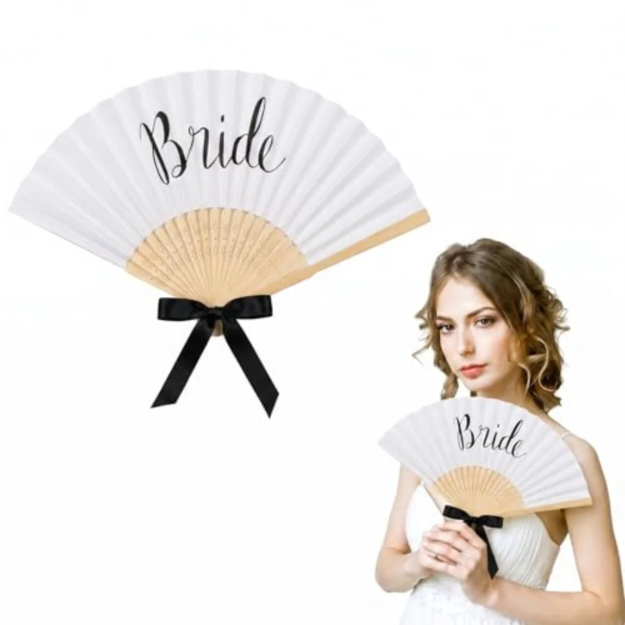 

Bride Hand Fan with Black Ribbon Bow Paper Wedding Handheld Fan Decoration for Bride Bridal Shower Engagement Wedding Party Sup