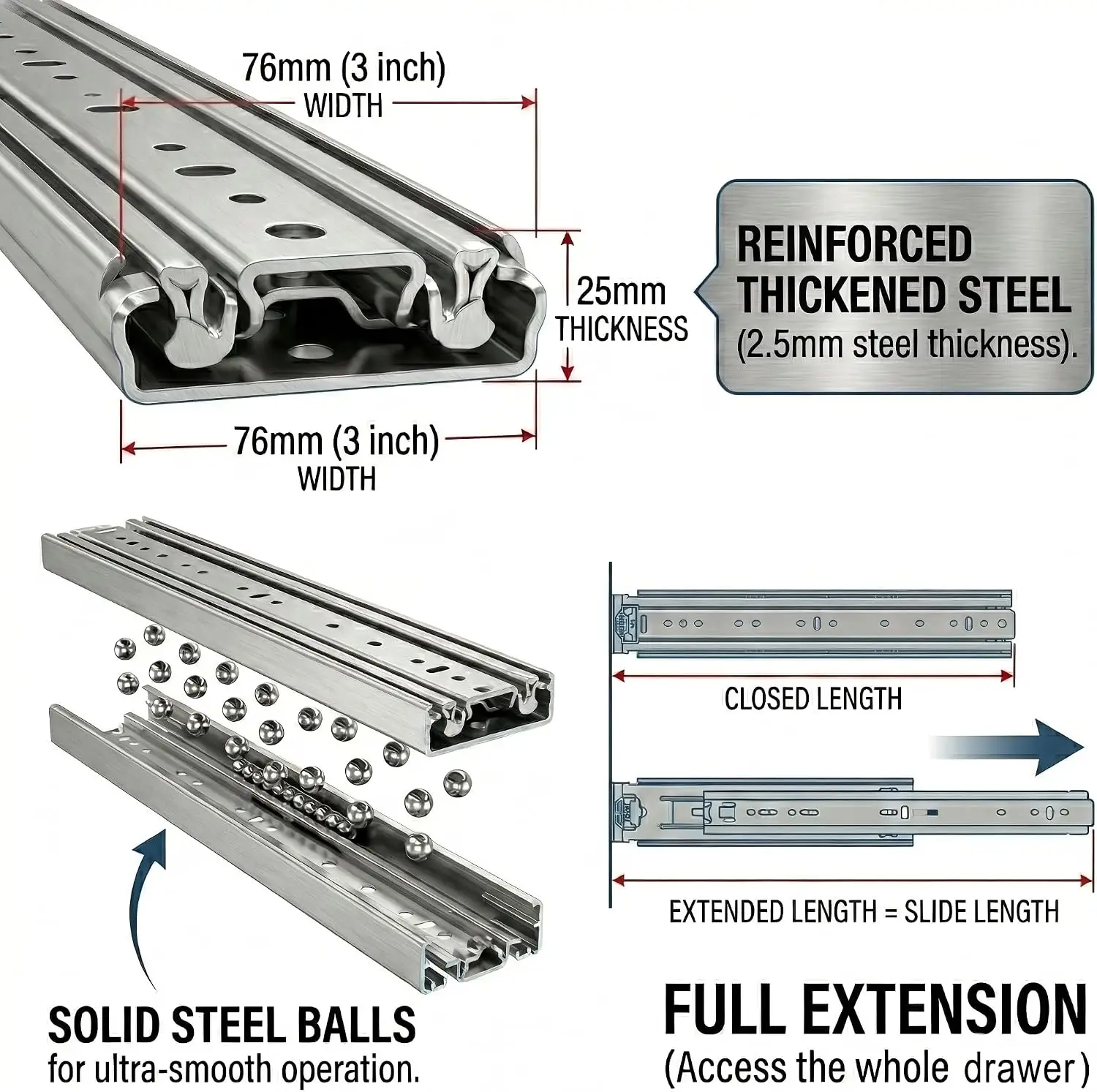 60 Inch Heavy Duty Full Extension Ball Bearing Drawer Slides 76mm Width 3-Section Industrial Steel Rails 500LB Capacity Smooth Quiet Glides for Workshop Garage Kitchen Cabinets