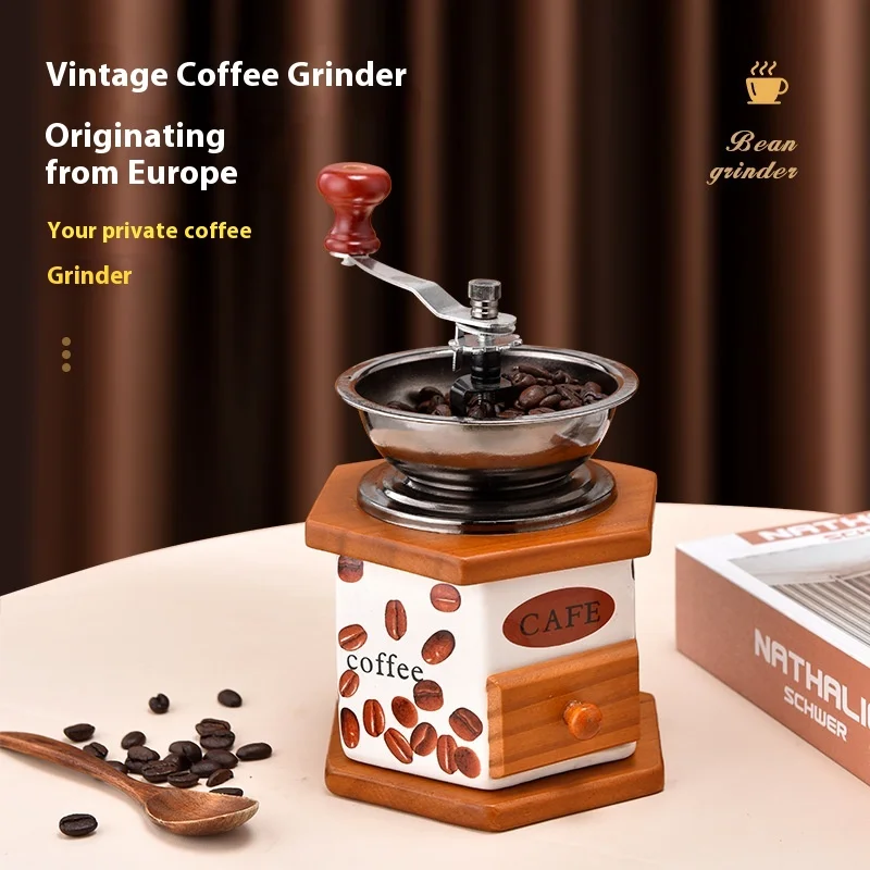 

Retro Wood Manual Coffee Grinder,Mini Ceramic Burr Mill with Adjustable Coarse,Portable Hand Crank Grinder for Espresso