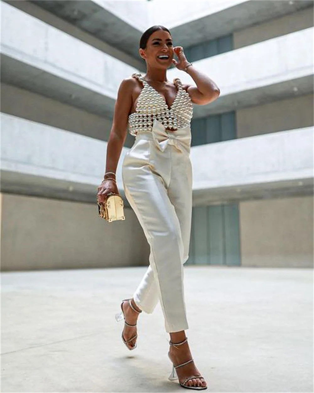 Luxury Summer White Black Big Pearls Straps Vest Hollow Beading canotte Tube Tops Dots Tanks Crop Tops 2023