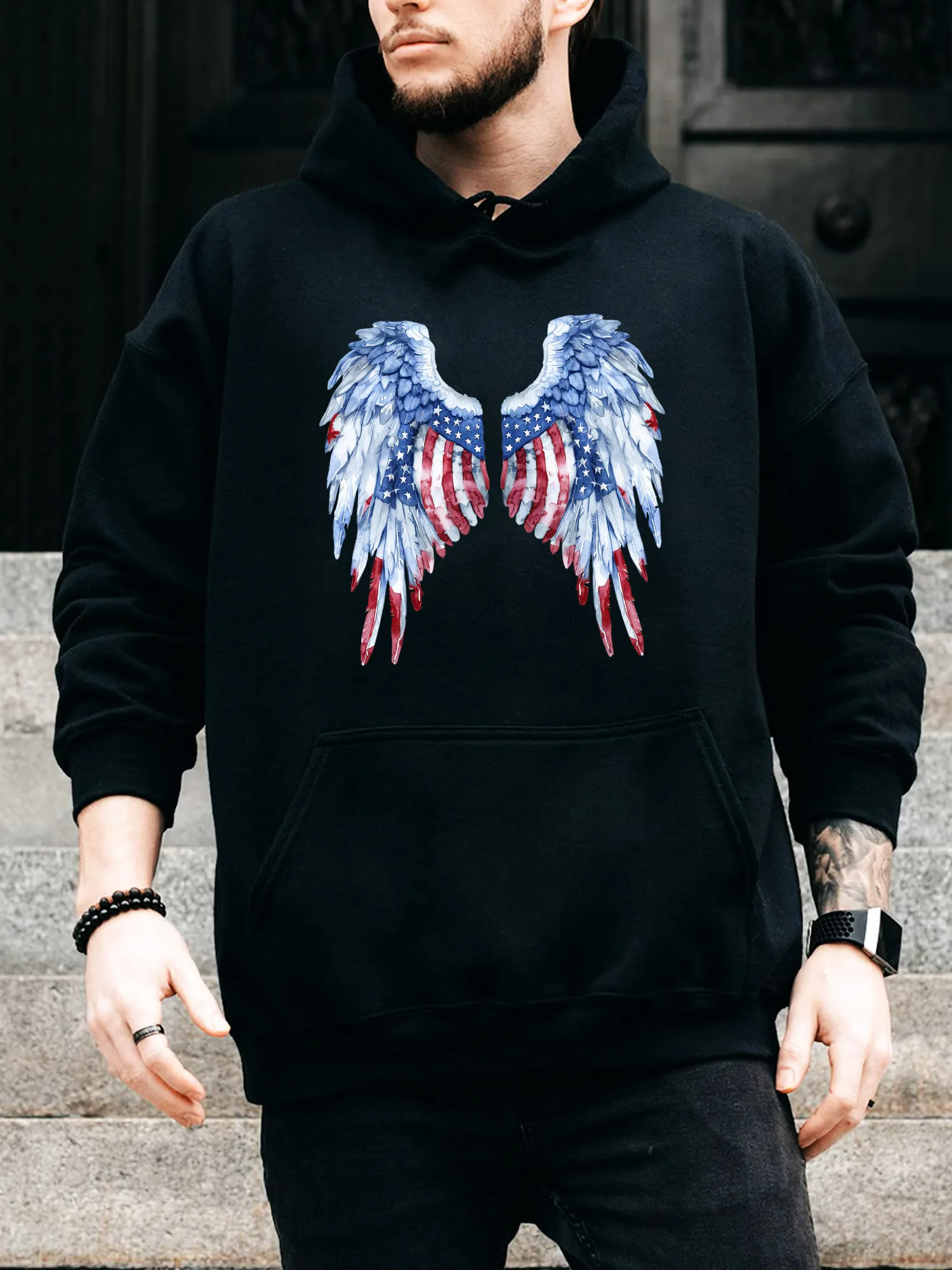 

Мужская толстовка с капюшоном на шнурке Patriotic Freedom Wings — повседневный удобный черный пуловер, осенне-зимняя толстовка с капюшоном