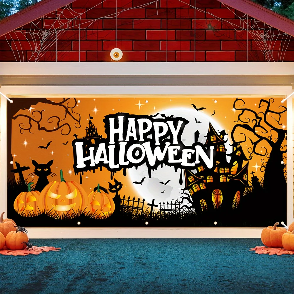 1 bannière 2D pour garage d'Halloween - Décoration d'Halloween professionnelle et optimiste, avec des citrouilles et des châteaux