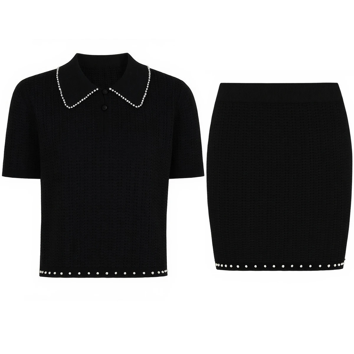 

High Quality Summer New Fashion Classic Elastic Knitted Pearl Edge Short Sleeved Top Knitted Sweater+half Skirt Women's Set