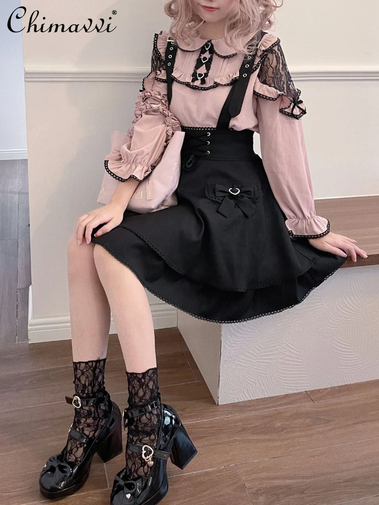 Fashion High Waist Suspender Skirt Beautiful Slim Fit Long Sleeve Bow Lace Shirt Summer Japanese Sweet Cute A- Line Skirt Shirts