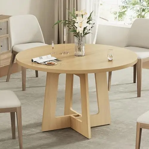 Round Dining Table for 4, Farmhouse Kitchen Table, Wooden Circle Table, 300lb Capacity & Easy Assembly for Home Dining