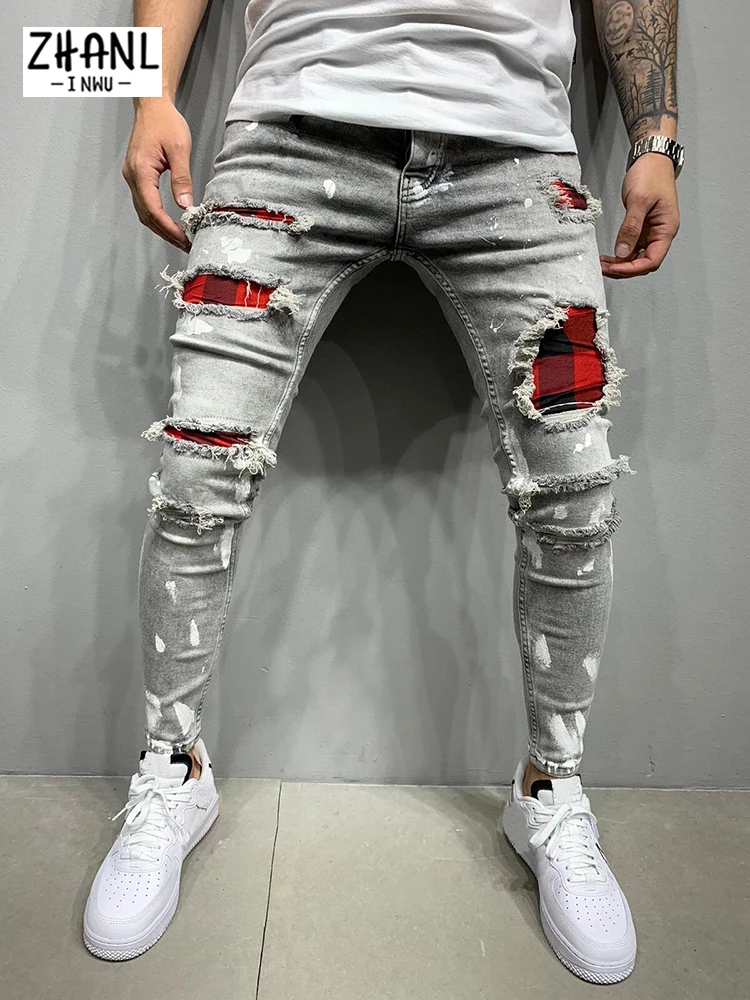 High Quality Brand Mens Goth Jeans Hip Hop Skinny Stretch Jeans Ripped Grid Beggar Patches Pants Painting Jogging Trousers Men