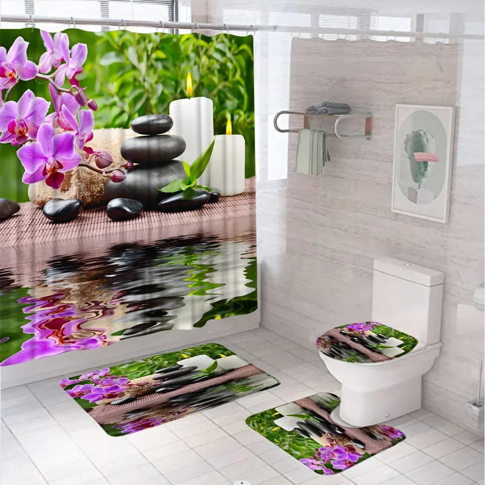 4Pcs Black Zen Stone Flower Shower Curtain Set Green Bamboo Garden Scenery Bathroom Decor Non-Slip Rug Toilet Lid Cover Bath Mat