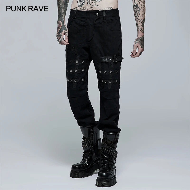 PUNK RAVE Men's Punk Simple Elastic Woven Trousers Daily Casual Rock Fashion Comfortable Men Denim Pencil Pants Spring & Autumn