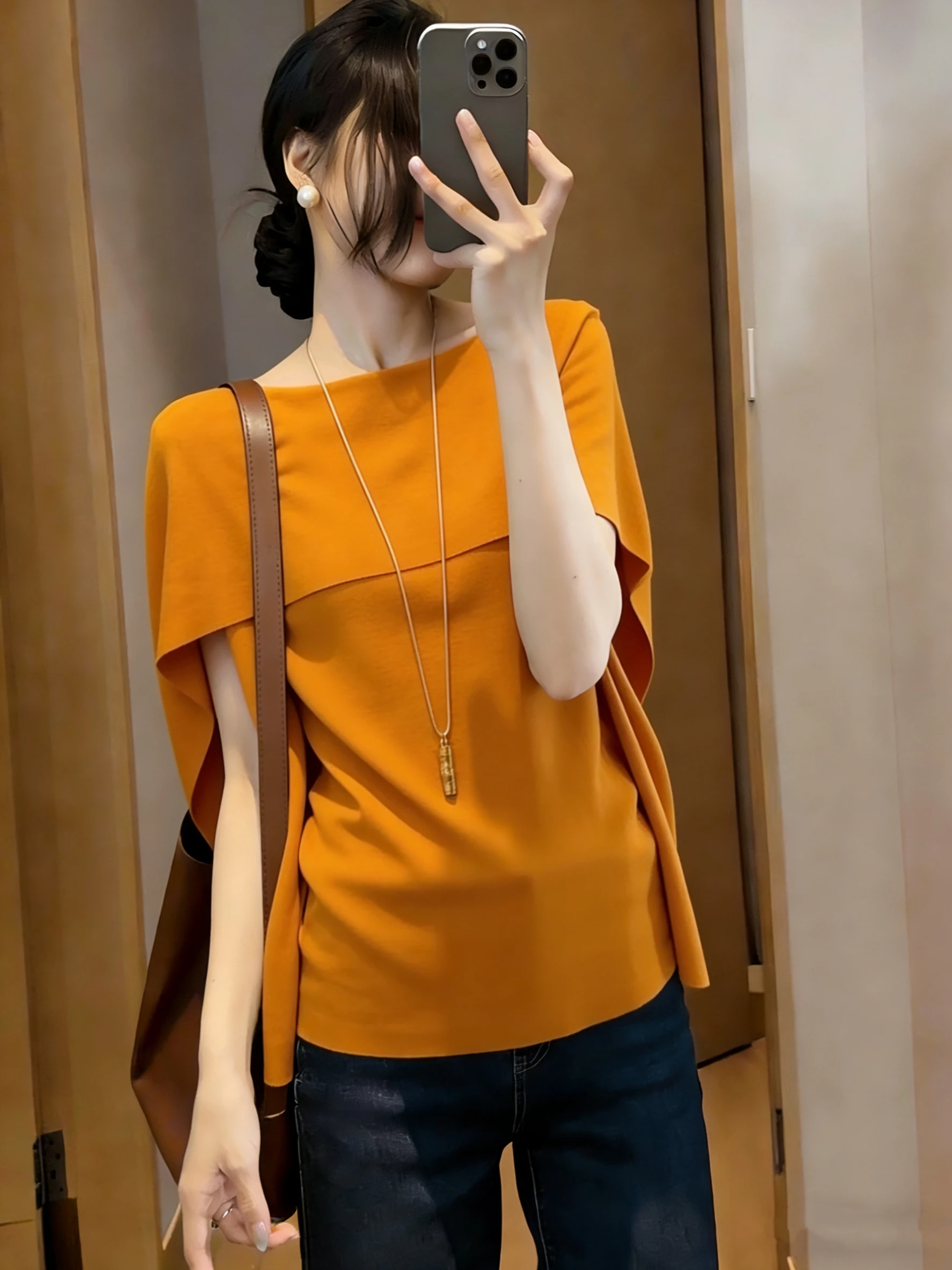 

Ladies' Knitted Cloak Short Sleeve T-Shirt Pumpkin Orange Lazy Style Top Shoulder Width Regular Length Commute Style plus Size