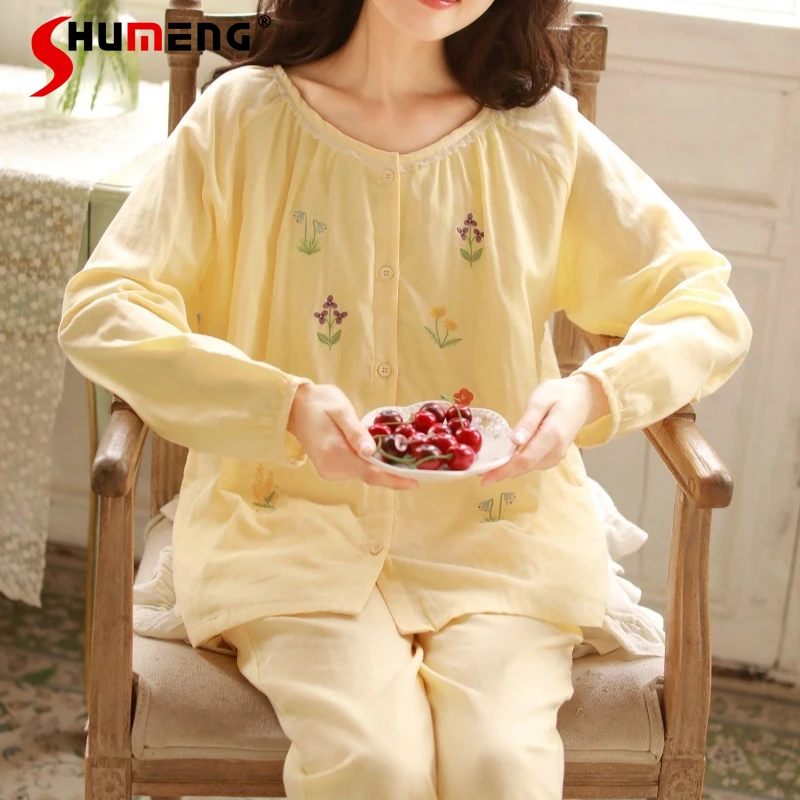 Spring Autumn Sweet Pajamas for Women Pure Cotton Gauze Long Sleeve Air Conditioning Clothes Female Wearable Homewear Set