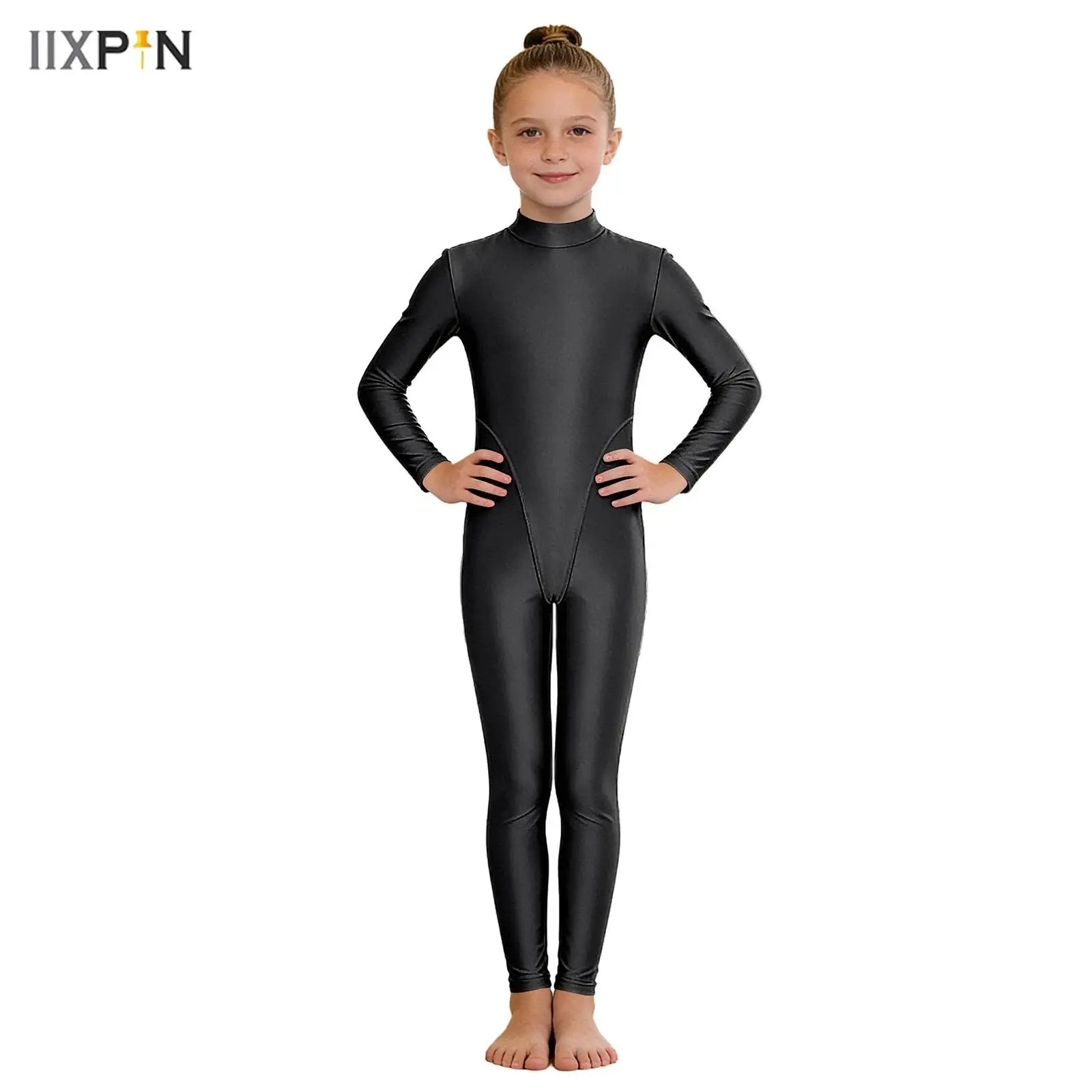 

Kids Girls Glossy Gymnastics Jumpsuit Mock Neck Long Sleeve Back Zipper Bodysuit for Figure Skating Dance Training Performance