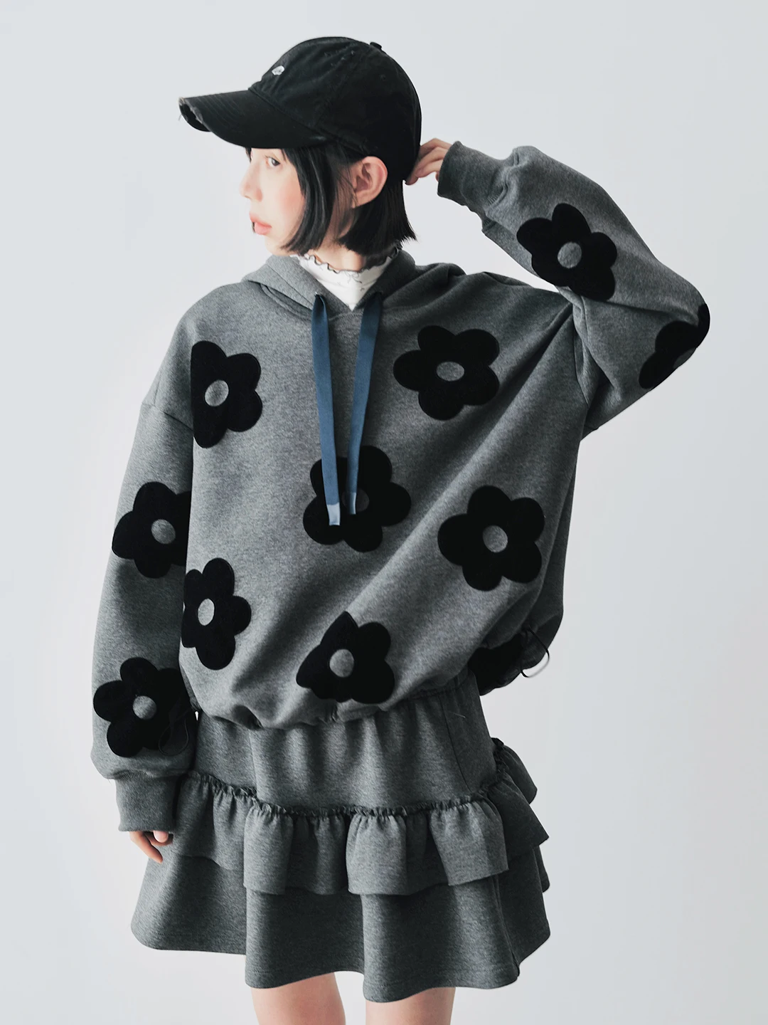 imakokoni 2024 autumn pure cotton air cotton gray hooded plush gray floral sweatshirt 244780