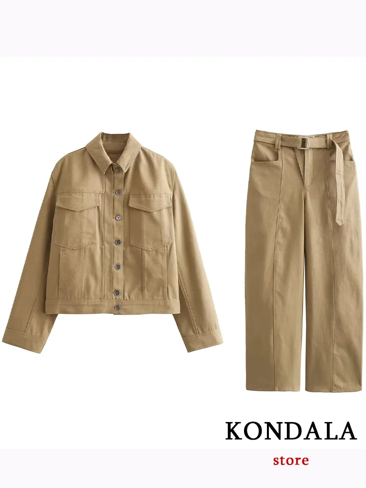 KONDALA Vintage Casual Chic Women Suit Turn-down Collar Loose Jackets Wide Leg Long Pants Fashion 2023 Autumn Winter Sports Suit