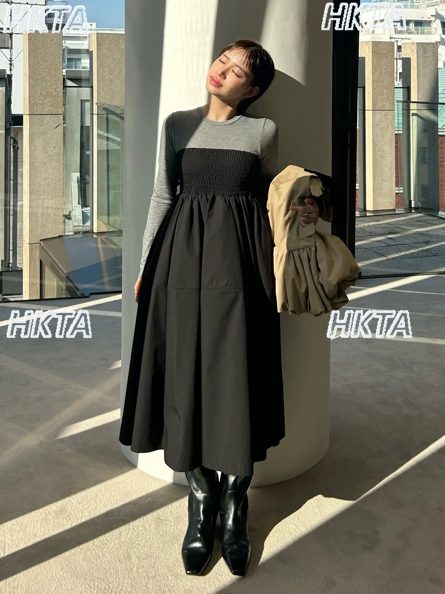Japanese Autumn New Temperament Elegant Long Sleeved Dress Retro Sweet Commuting Ruffle Edge Contrasting Color Maxi Dress Women