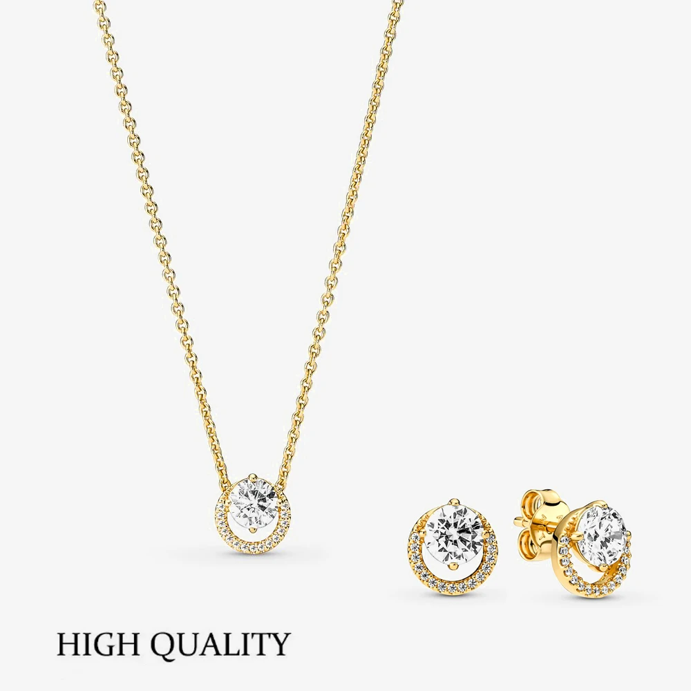 925 Sterling Silver Jewelry Set Fit for Pandora Original Round Halo Gold-Plated Necklace Stud Earring set For Women Gift