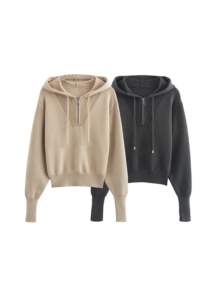 Pop 2024 Autumn And Winter New Women's Clothing Sweet Fashion Versatile Thread Drawstring Zipper Hooded Knitted Sweater