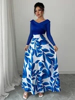Vestido largo con estampado de hojas de satén azul y blanco, vestido largo bohemio, perfecto para ocasiones formales, aspecto moderno