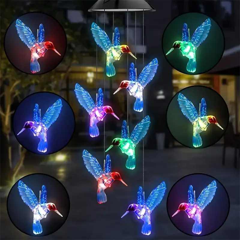 1pc Solar Wind Chimes Color Changing Outdoor Solar Hummingbird Lights 6LED Wind Chimes Solar Powered Lights For Garden Decoratio
