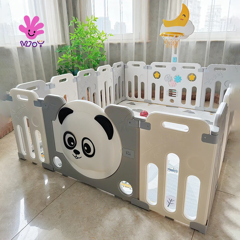 Corralito Plegable para Bebés Panda 16+3 con Soporte, Columpio, Tobogán, Trampolín, Caballito Balancín, Almacenamiento y Estantería, Mesa Plegable y Silla para Coche