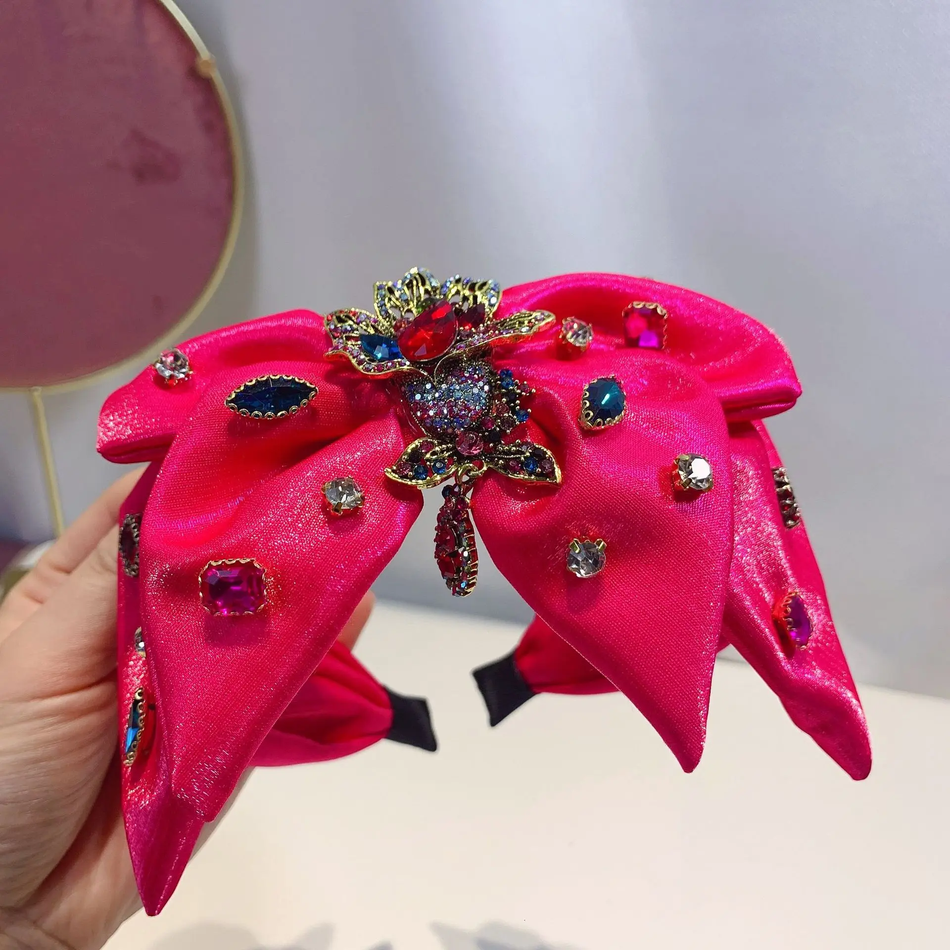 Oversized Bow Knot Headband 2024 New Hair Accessories For Women Crystal Hairband Black Green Pink Rosy Head Band Wholesale Gifts
