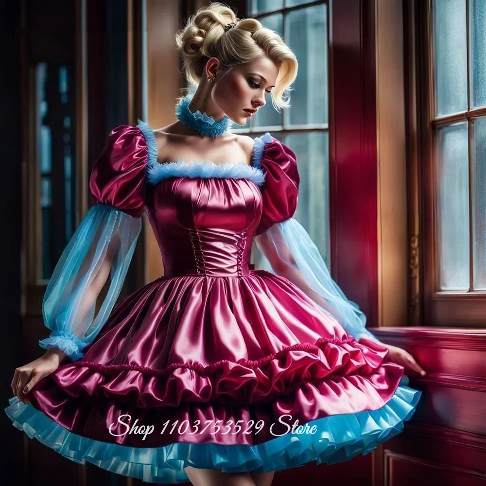 

Customised Rose Pink Vintage Victorian Prom Dress Square Neckline Faux Fur Mini Skirt Evening Gown School Dance Dress