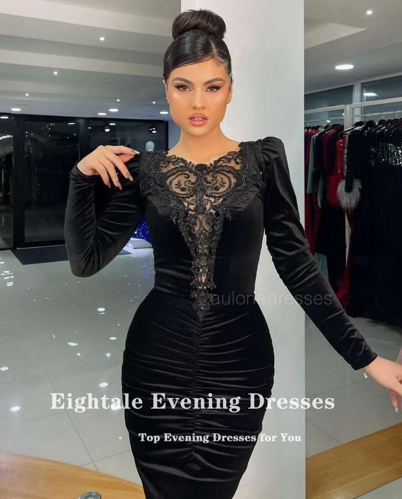 Eightale Vevet Evening Dresses O-Neck Appliques Mermaid Prom Gown Long Sleeves Dark Green Arabic Customized Party Dress