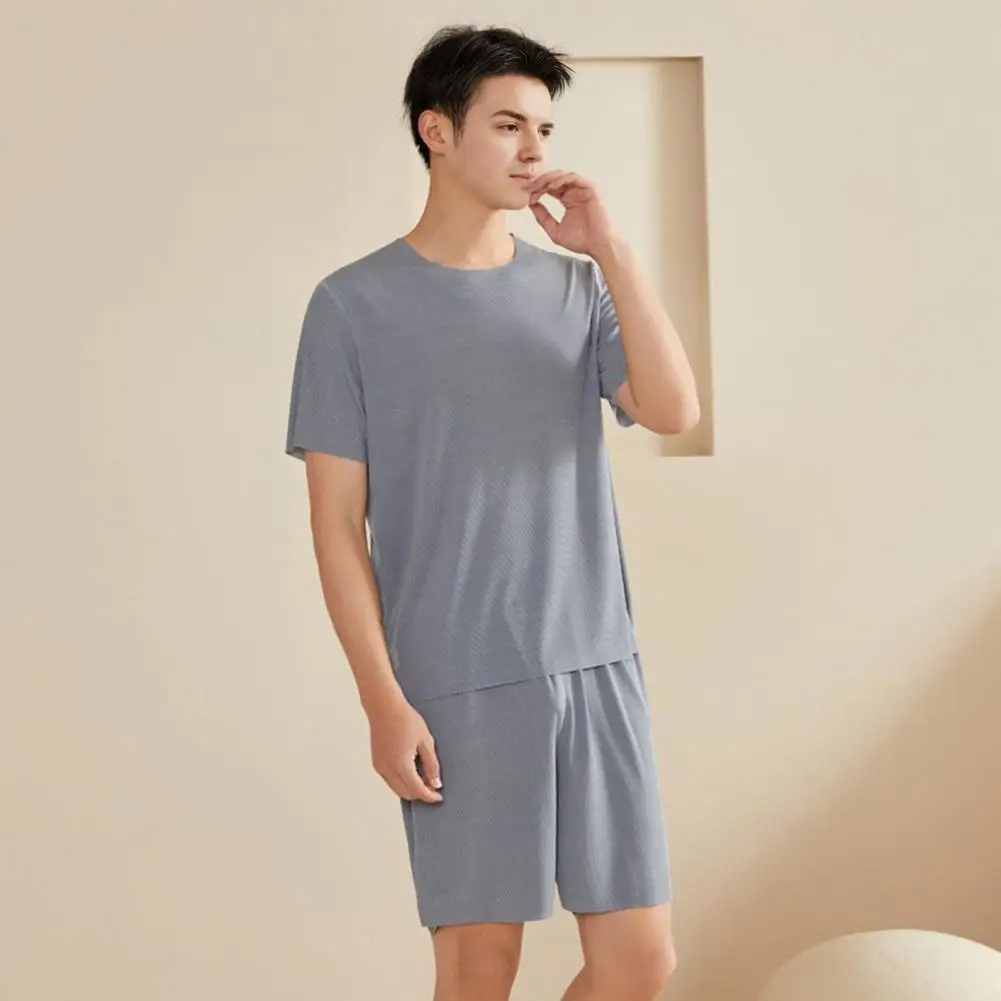 ルーズフィットパジャマセットメンズパジャマセット2ピースOネック半袖Tシャツ弾性ウエストショーツ無地ホーム快適