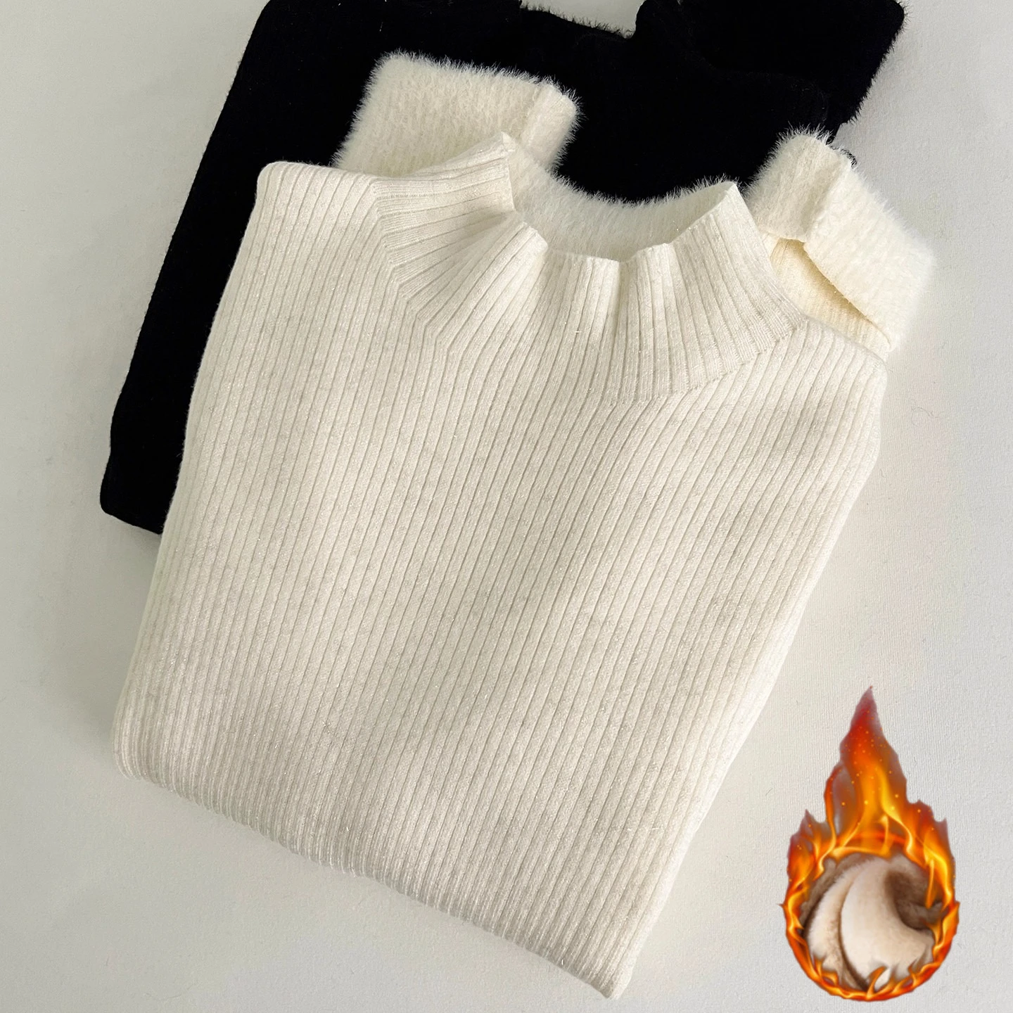 

Zjaiss Fleece-lined Thicken Knitted Sweater 2025 Autumn Winter Black Turtleneck Pullover New Solid Color Long Sleeves Jumper