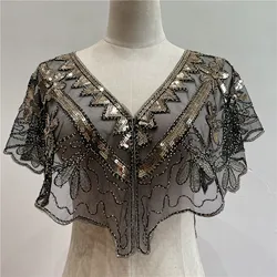 Retro 1920s Beaded Sequin Shawl Vintage Flapper Evening Cape Sheer Mesh Embroidery Leaf Women Party Accessories